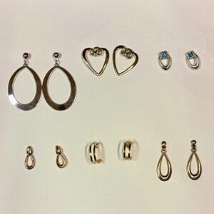 6 Pairs of Silver and Gold Vintage Earrings, pierced hearts, hoops, teardrop